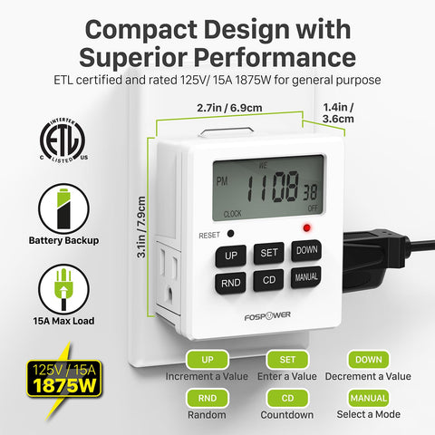 FosPower dual-outlet timer controls two fixtures at once.