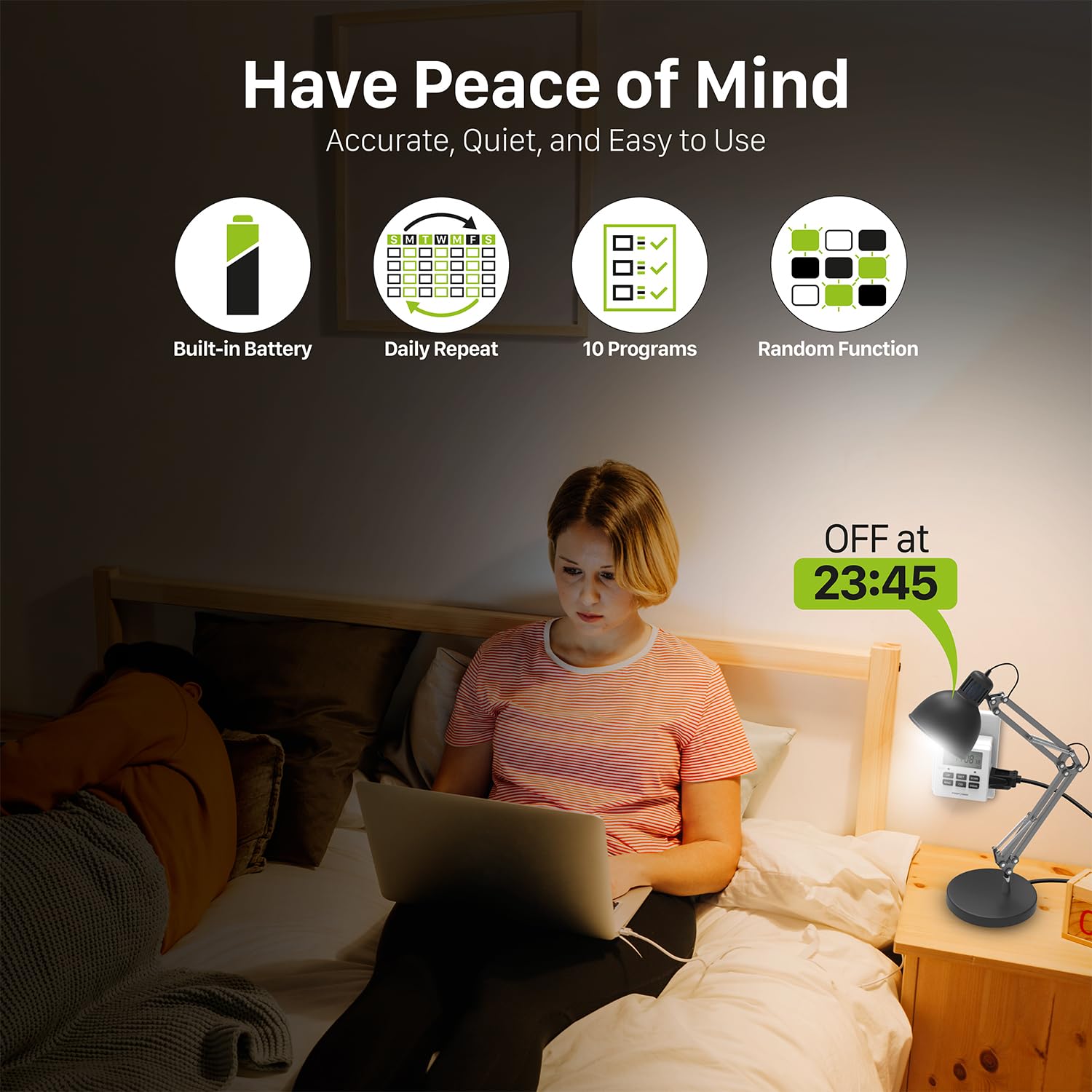 FosPower timer's random mode enhances home security when away.