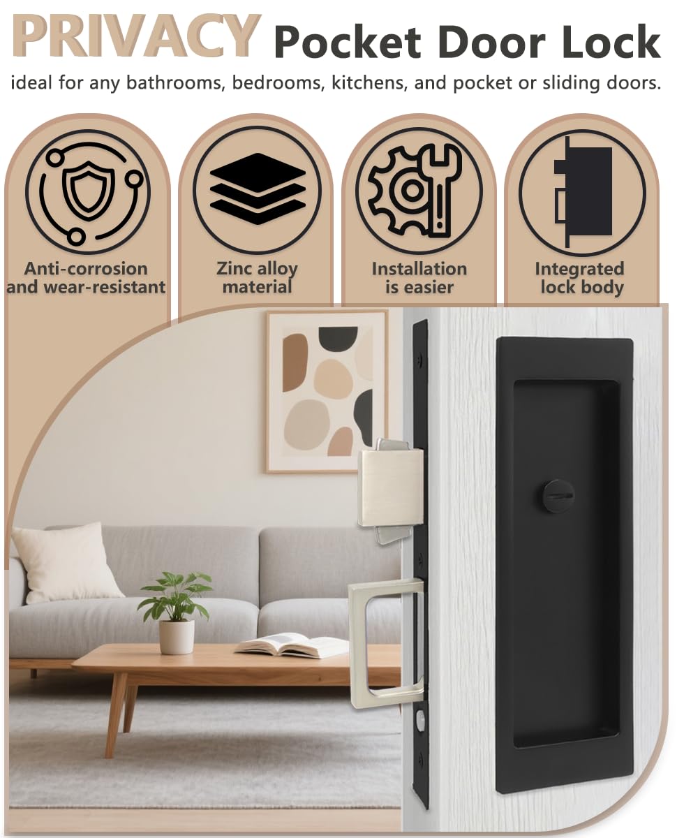 Matte black finish Foswdero pocket door hardware adds a stylish, durable touch.