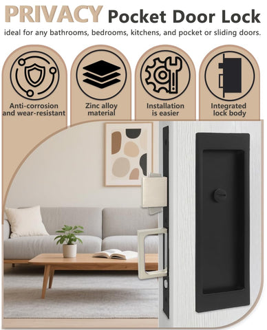Matte black finish Foswdero pocket door hardware adds a stylish, durable touch.