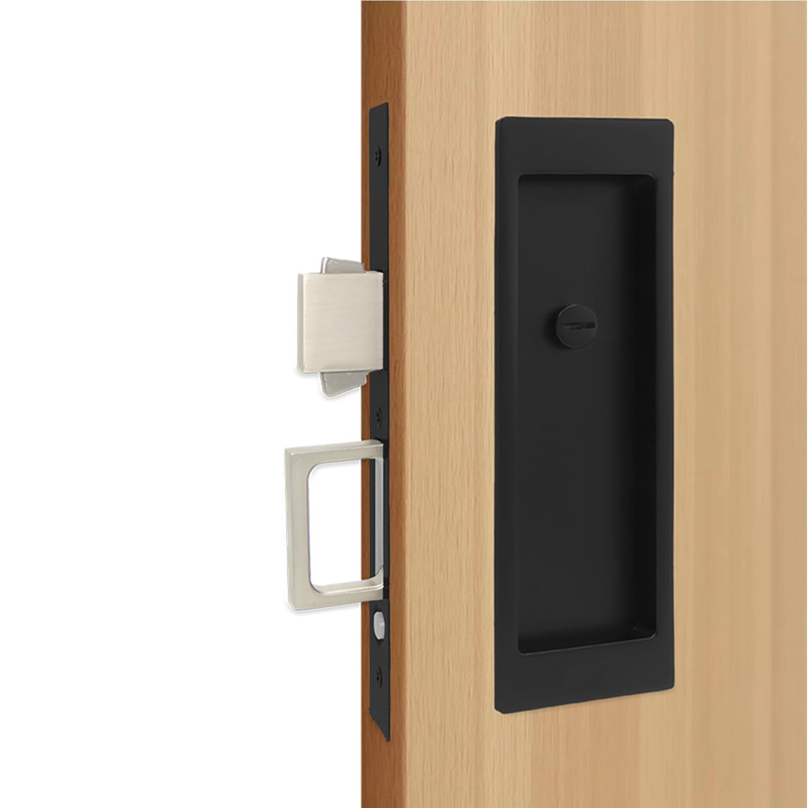 Durable zinc alloy construction of Foswdero pocket door hardware in matte black.