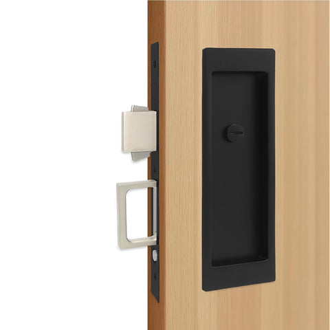 Durable zinc alloy construction of Foswdero pocket door hardware in matte black.