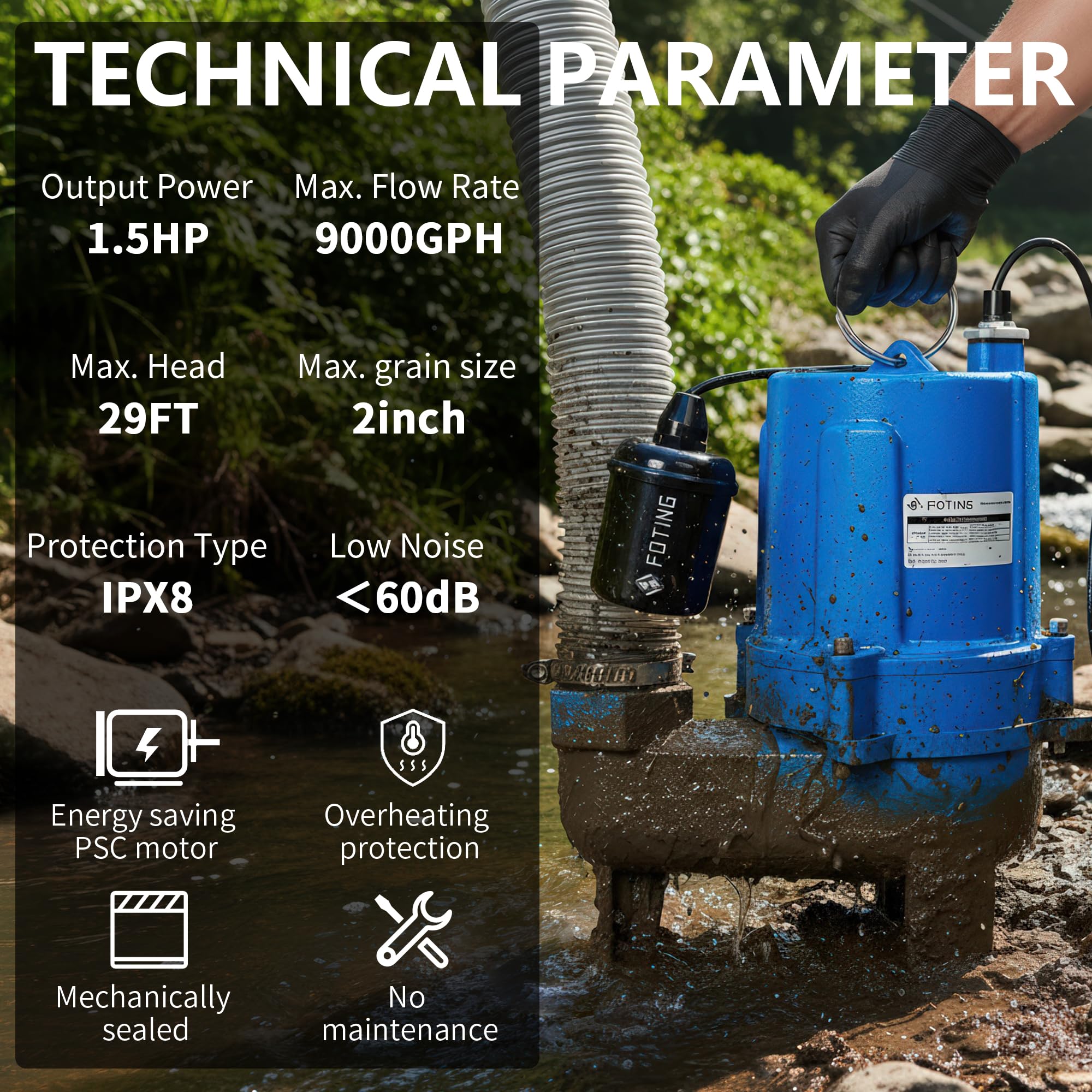 FOTING 9000GPH pump side view highlights high flow performance for large wastewater.