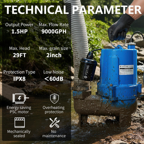 FOTING 9000GPH pump side view highlights high flow performance for large wastewater.