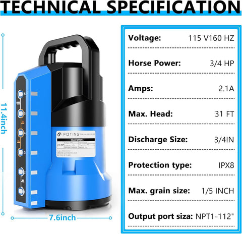 FOTING Sump Pump showing the 16ft cord for flexible placement near power.