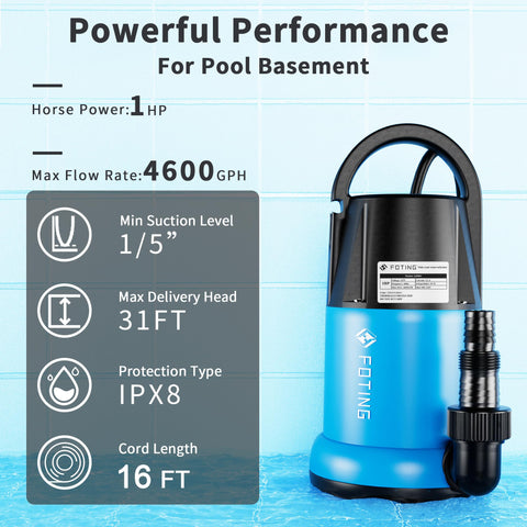 FOTING Sump Pump 4600GPH drainage for pools, ponds, basements.