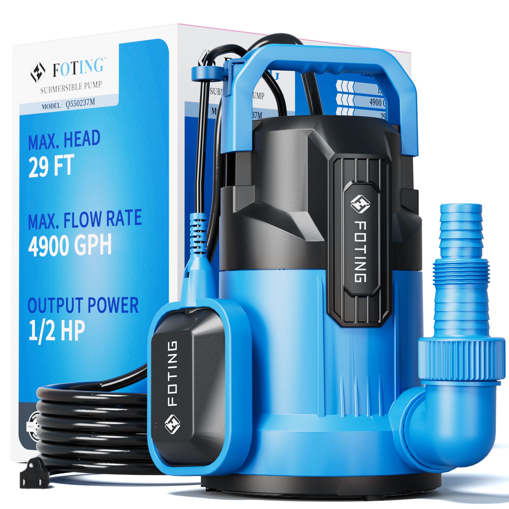 FOTING sump pump front view showing compact, durable housing for fast water removal