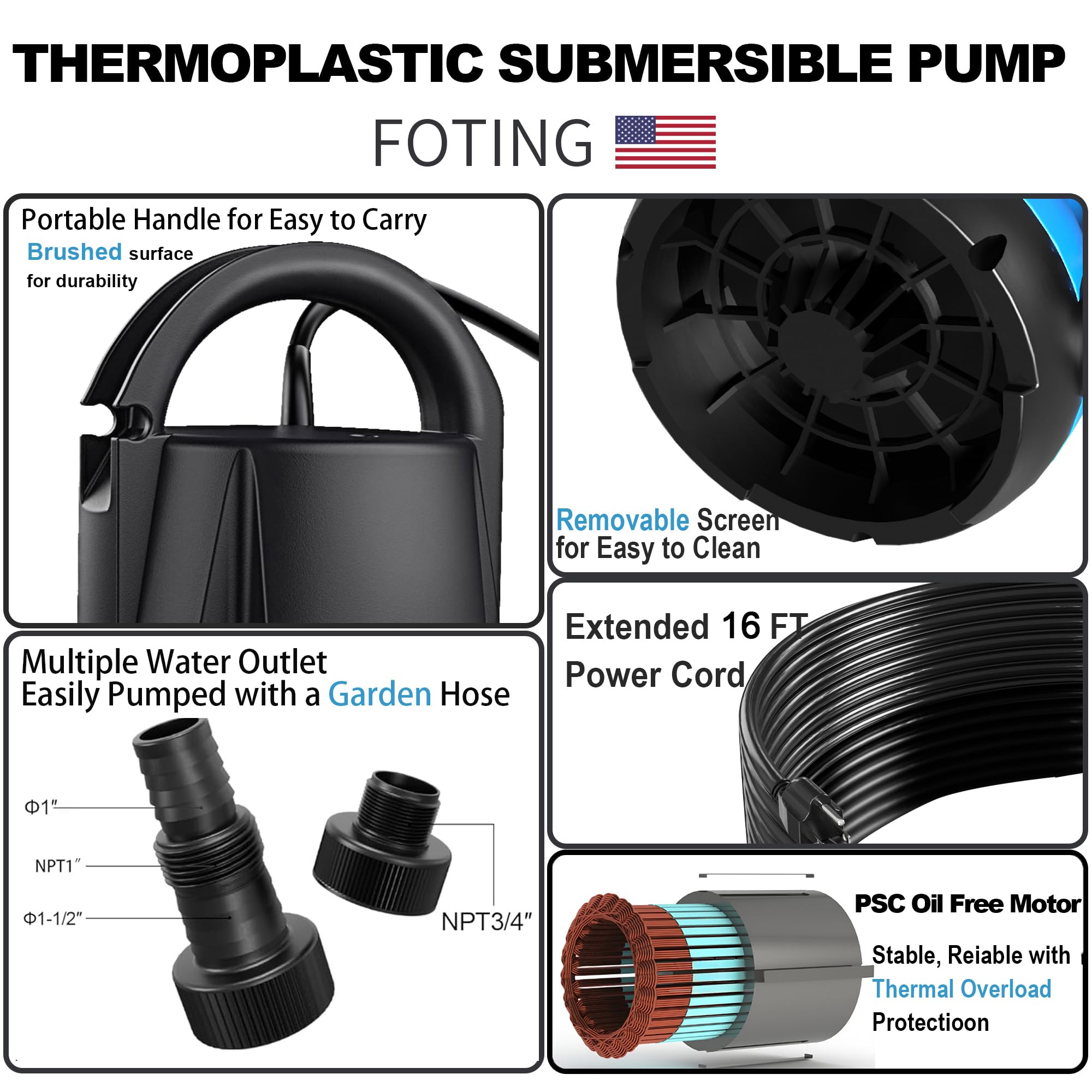 FOTING Sump Pump hose adapters provide flexible hose connections.