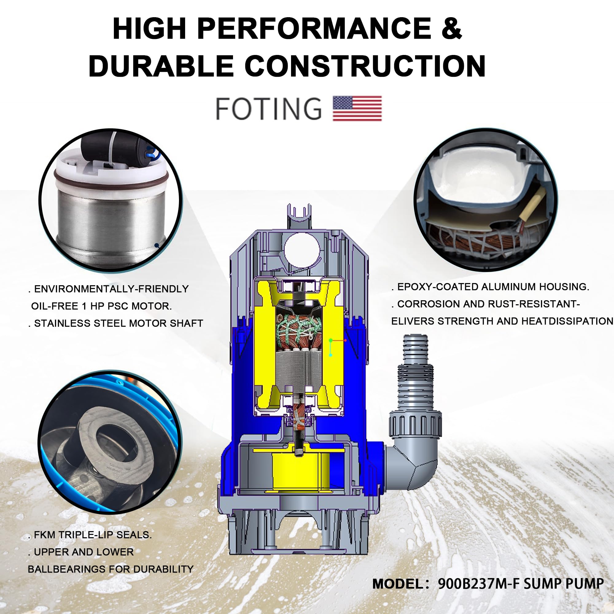 FOTING sump pump ideal for basements, pools, and garden ponds.
