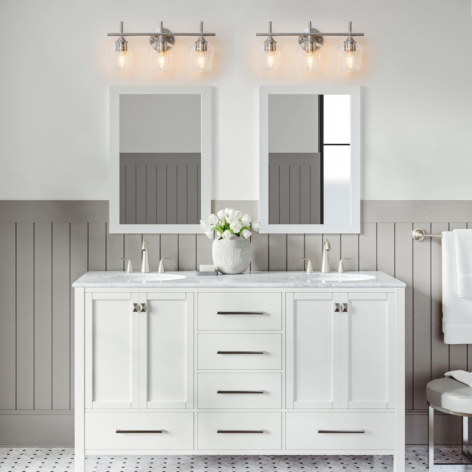 foucasal modern brushed-nickel fixture blends with contemporary interiors