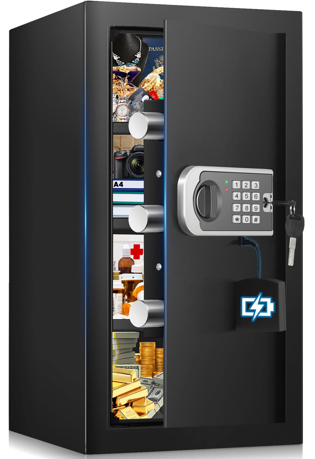 FOWORE fireproof safe front view shows sturdy steel construction for home protection