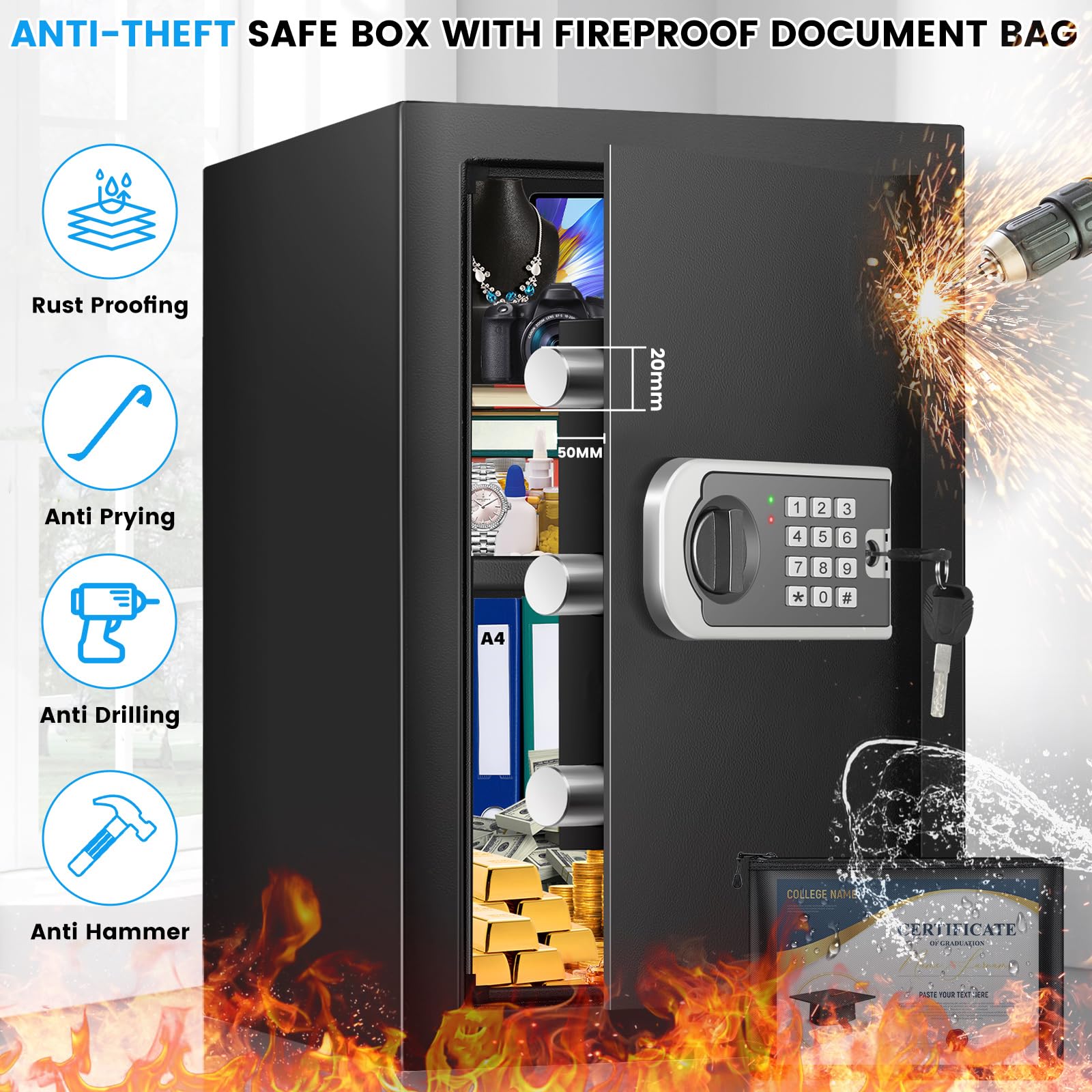 FOWORE safe box removable shelves maximize adaptable storage for documents and valuables.