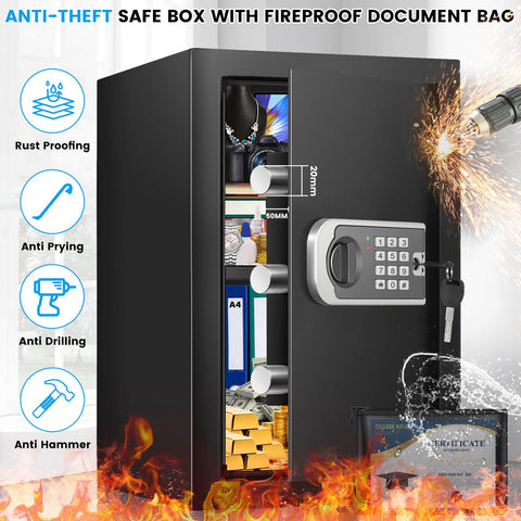 FOWORE safe box removable shelves maximize adaptable storage for documents and valuables.
