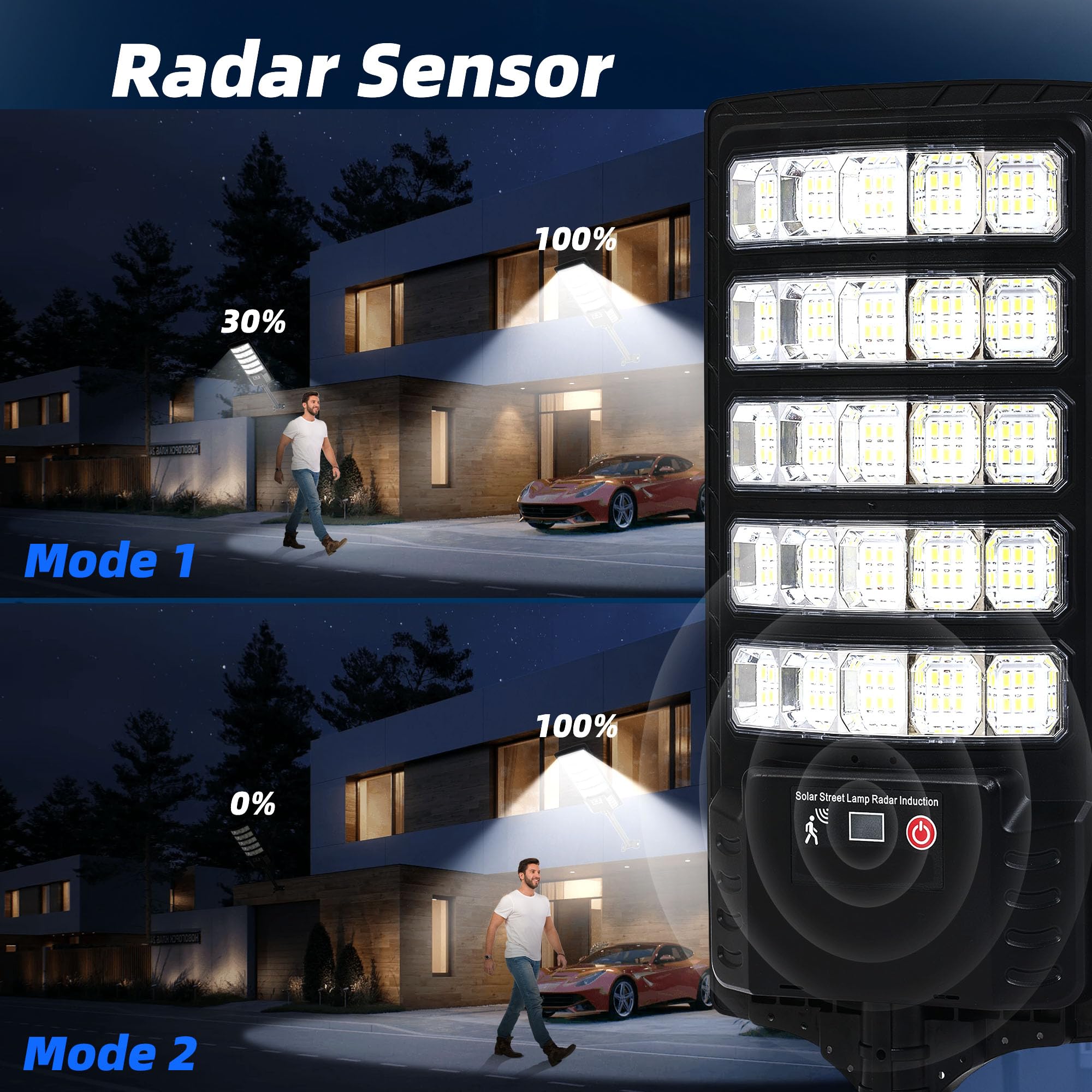 FOWSEEK solar street light motion-sensor activates bright lighting on movement.