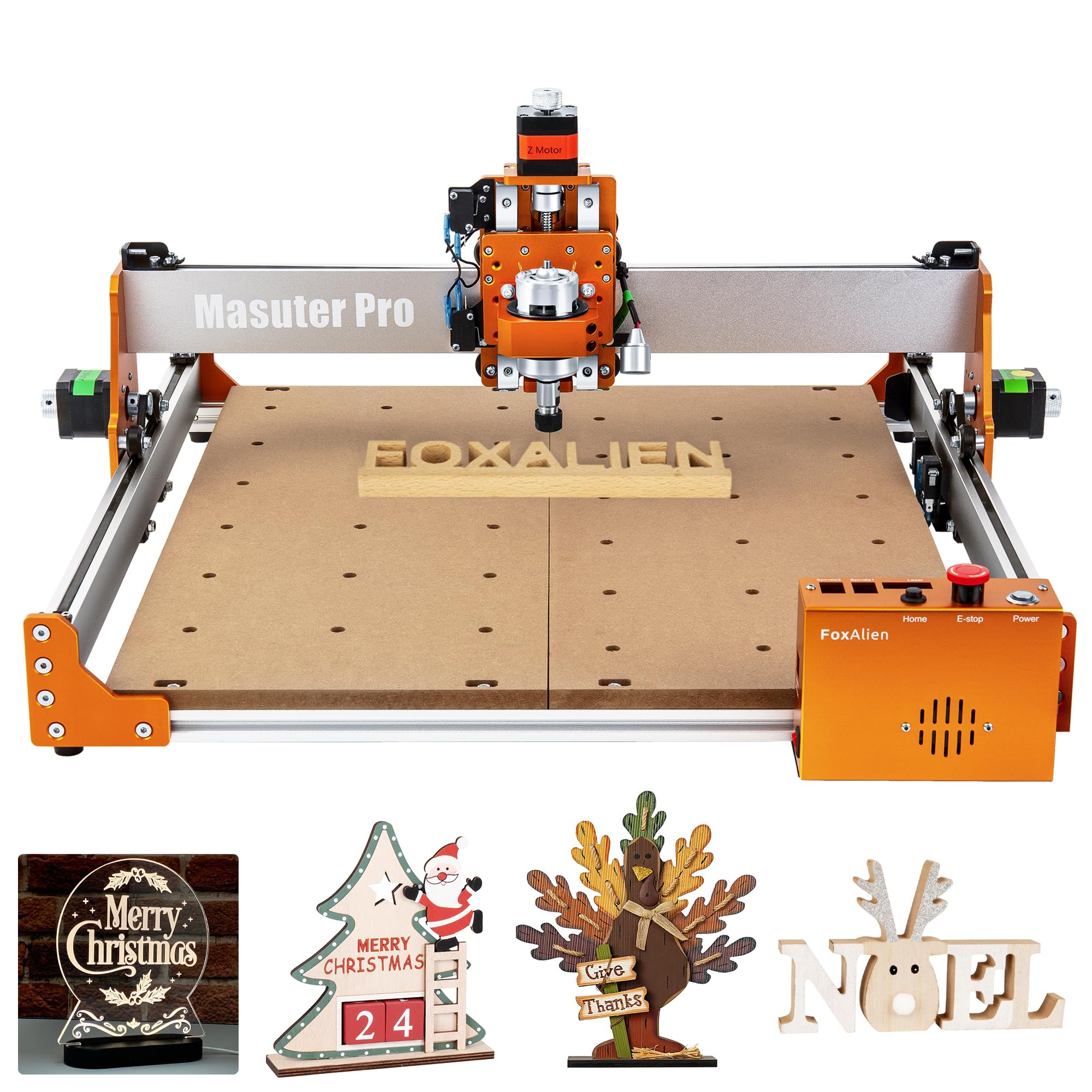 FoxAlien Masuter Pro front view shows rugged all-metal frame for precise engraving.
