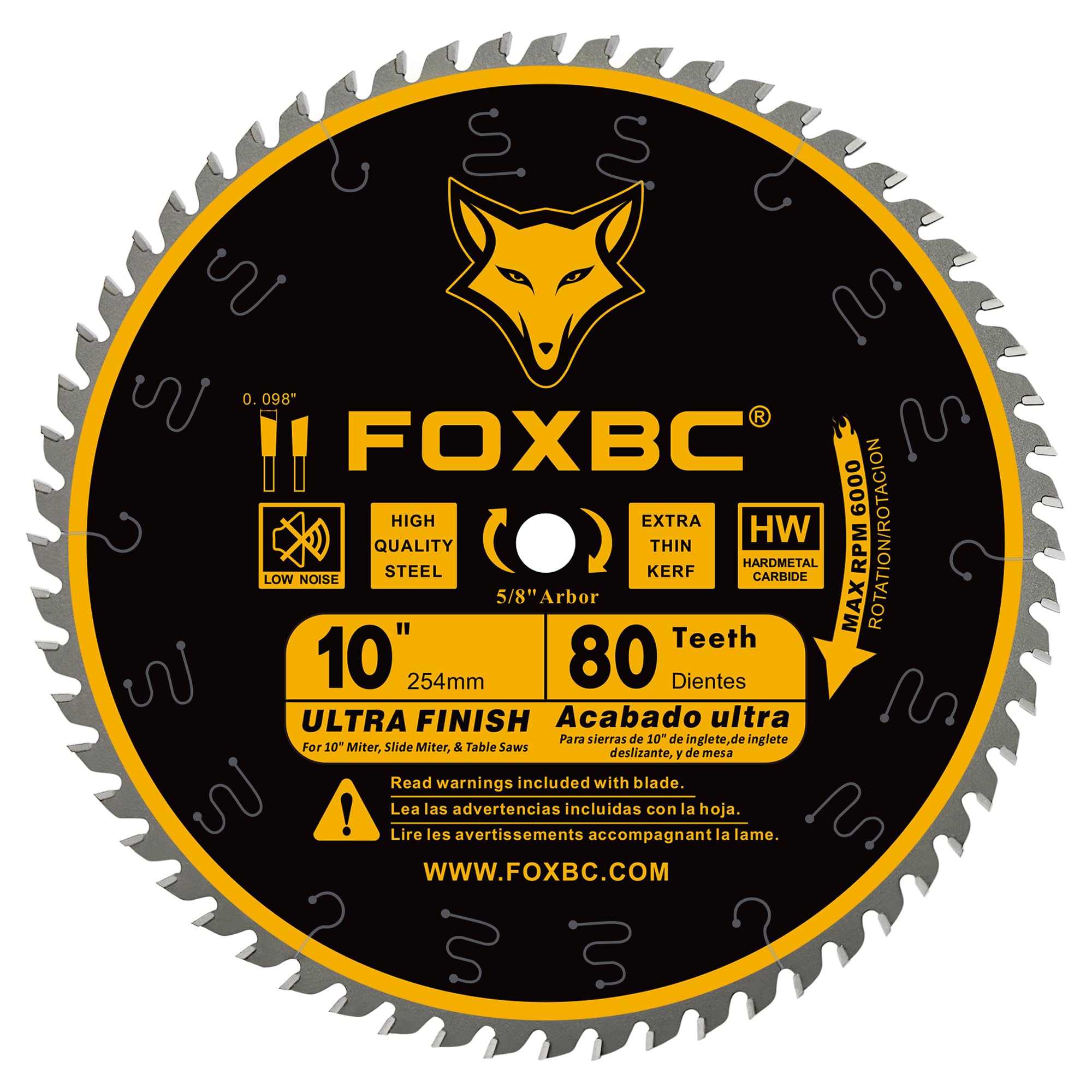 FOXBC 10-Inch table saw blade close-up showing precision teeth for a clean finish