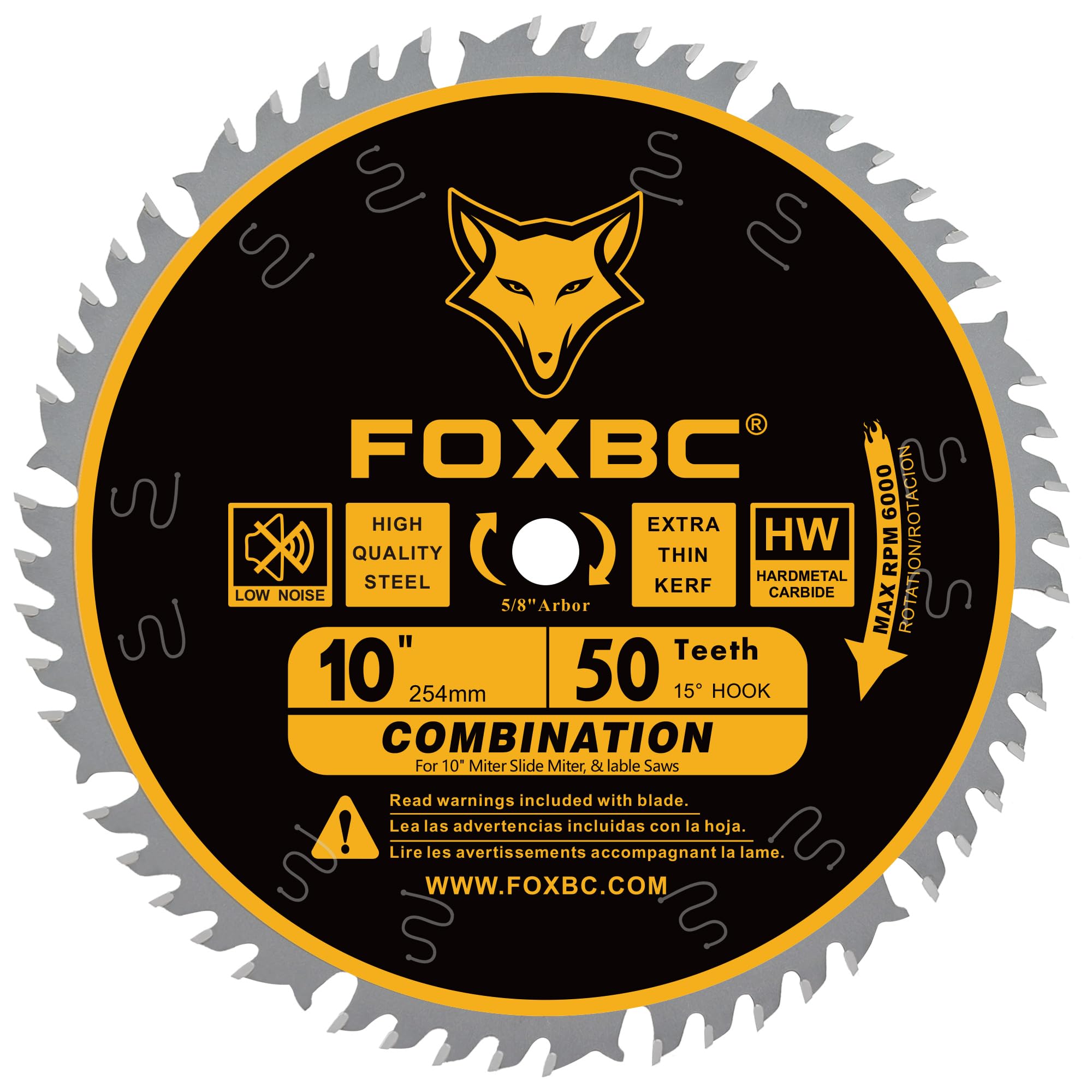 FOXBC 10-Inch 50-Tooth blade front view for precise wood cutting.