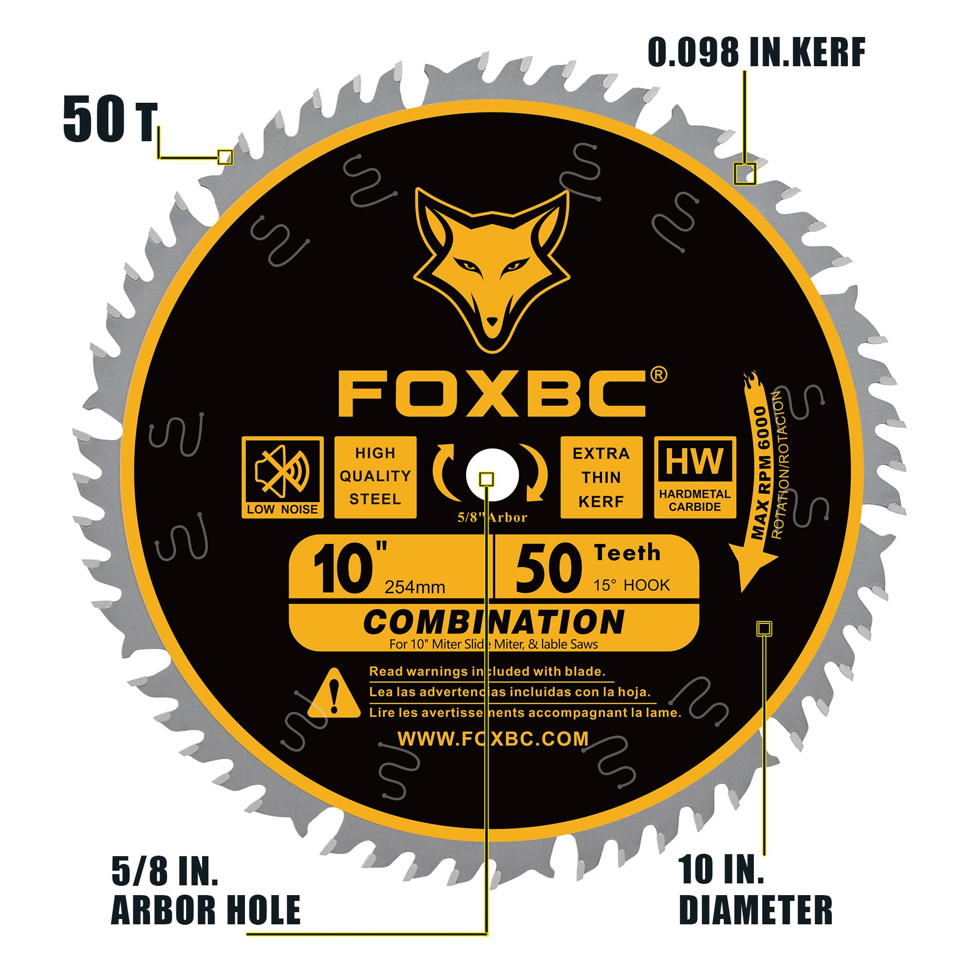 FOXBC 10in blade kerf detail highlighting thin kerf for fast cuts.