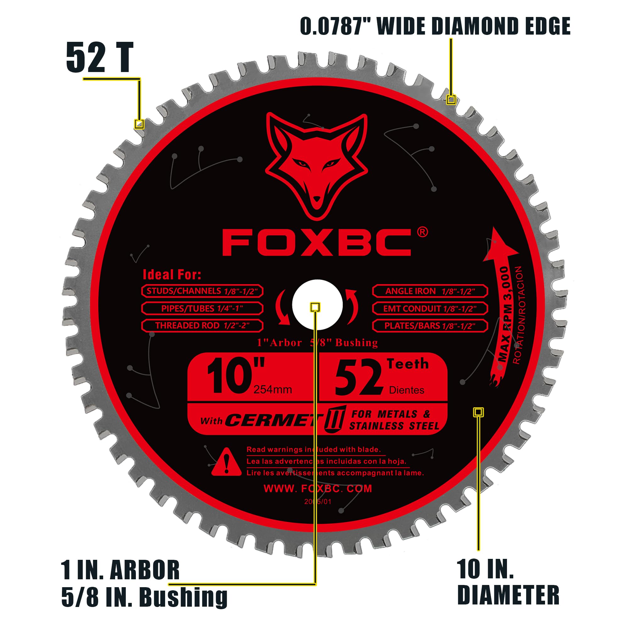 FOXBC blade showing 1-inch arbor and five-eighths bushing for compatible saws.