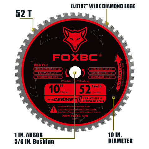 FOXBC blade showing 1-inch arbor and five-eighths bushing for compatible saws.