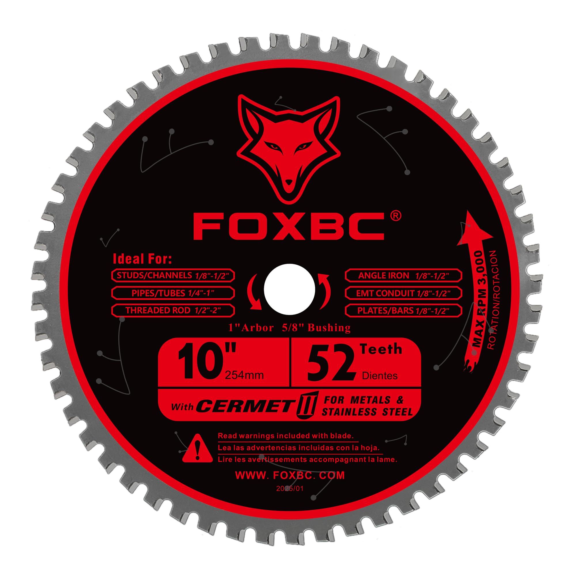 FOXBC 10-inch blade with 52 teeth for precise metal cuts.
