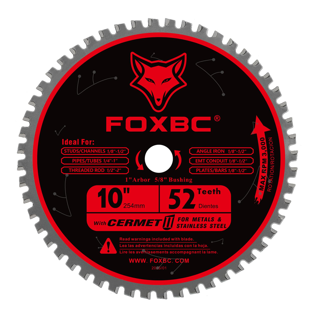 FOXBC 10-inch blade with 52 teeth for precise metal cuts.