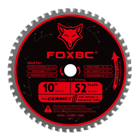 FOXBC 10-inch blade with 52 teeth for precise metal cuts.
