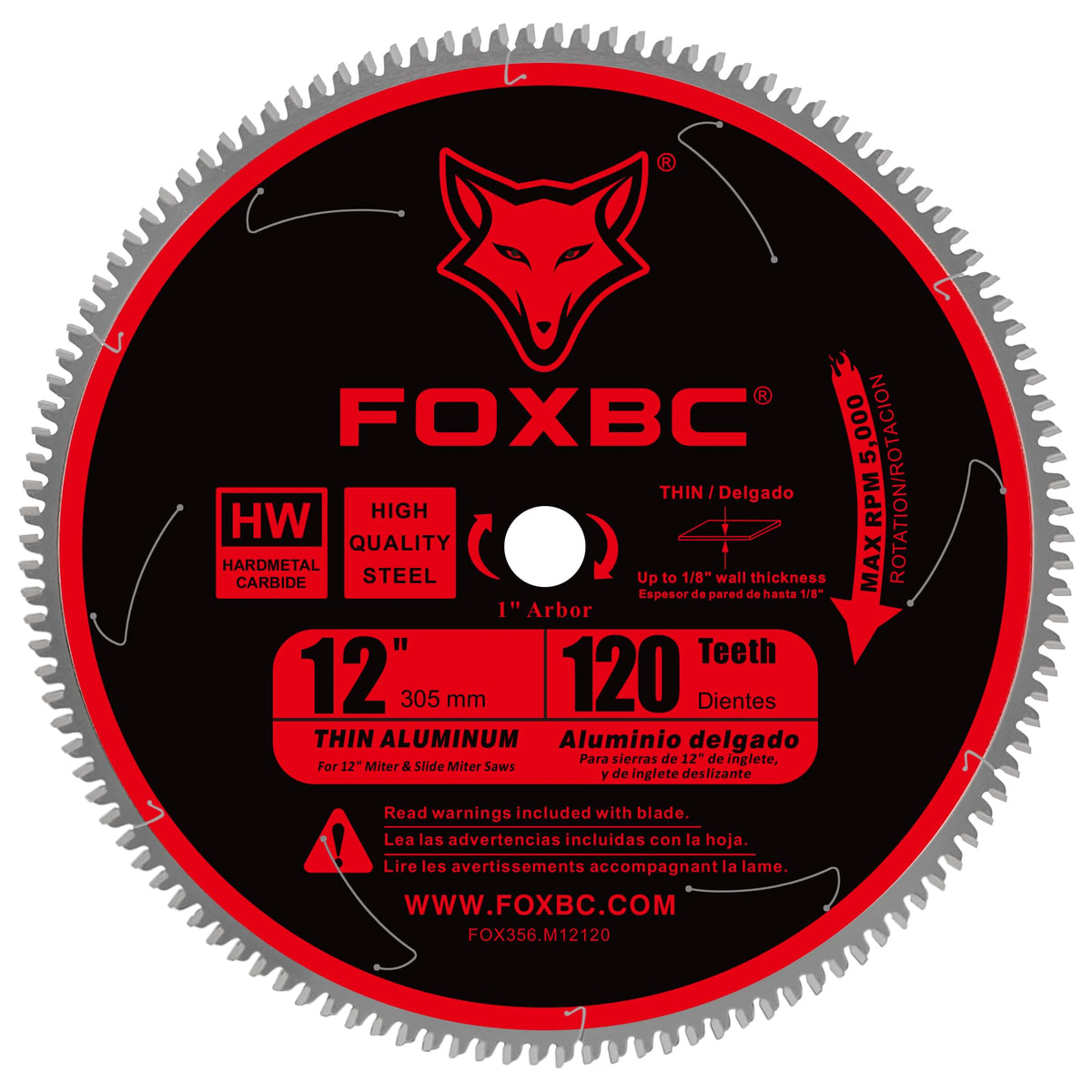 FOXBC 12-inch blade close-up shows 120T teeth for clean aluminum cuts