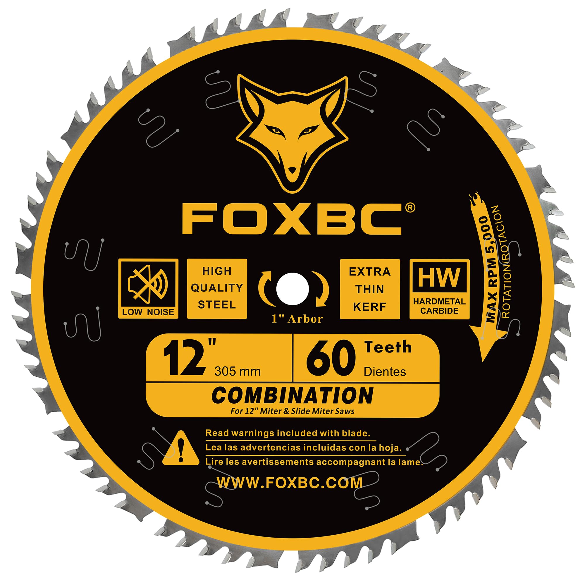 FOXBC 12-inch 60-tooth combination blade ready for clean cuts with a 1-inch arbor