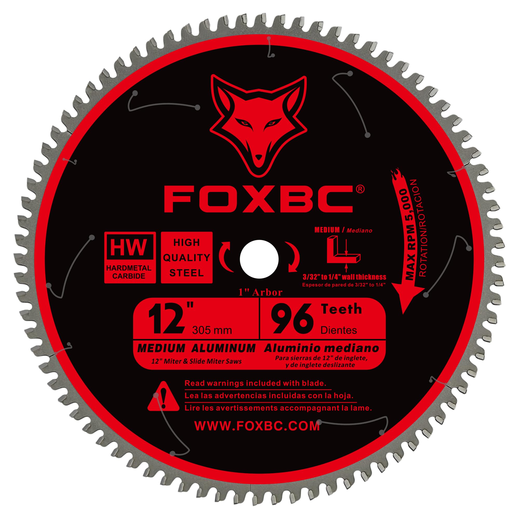 FOXBC 12-inch blade close-up highlighting 96-tooth TCG for burr-free aluminum cutting.