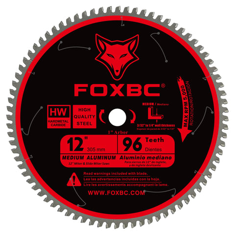 FOXBC 12-inch blade close-up highlighting 96-tooth TCG for burr-free aluminum cutting.