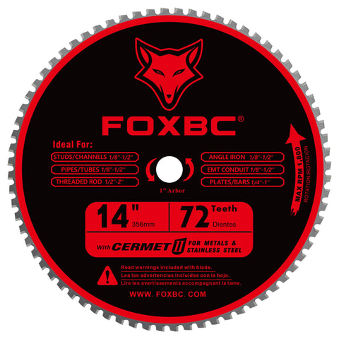 FOXBC 14-inch blade with 72 teeth for burr-free metal cuts on chop saws