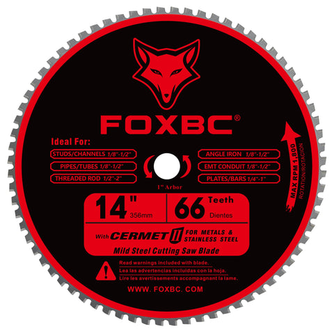FOXBC 14-inch metal-cutting blade in action for burr-free steel cuts.