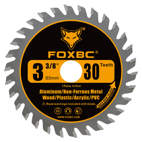 FOXBC 30T carbide blade close-up ready to cut wood and PVC with clean edges
