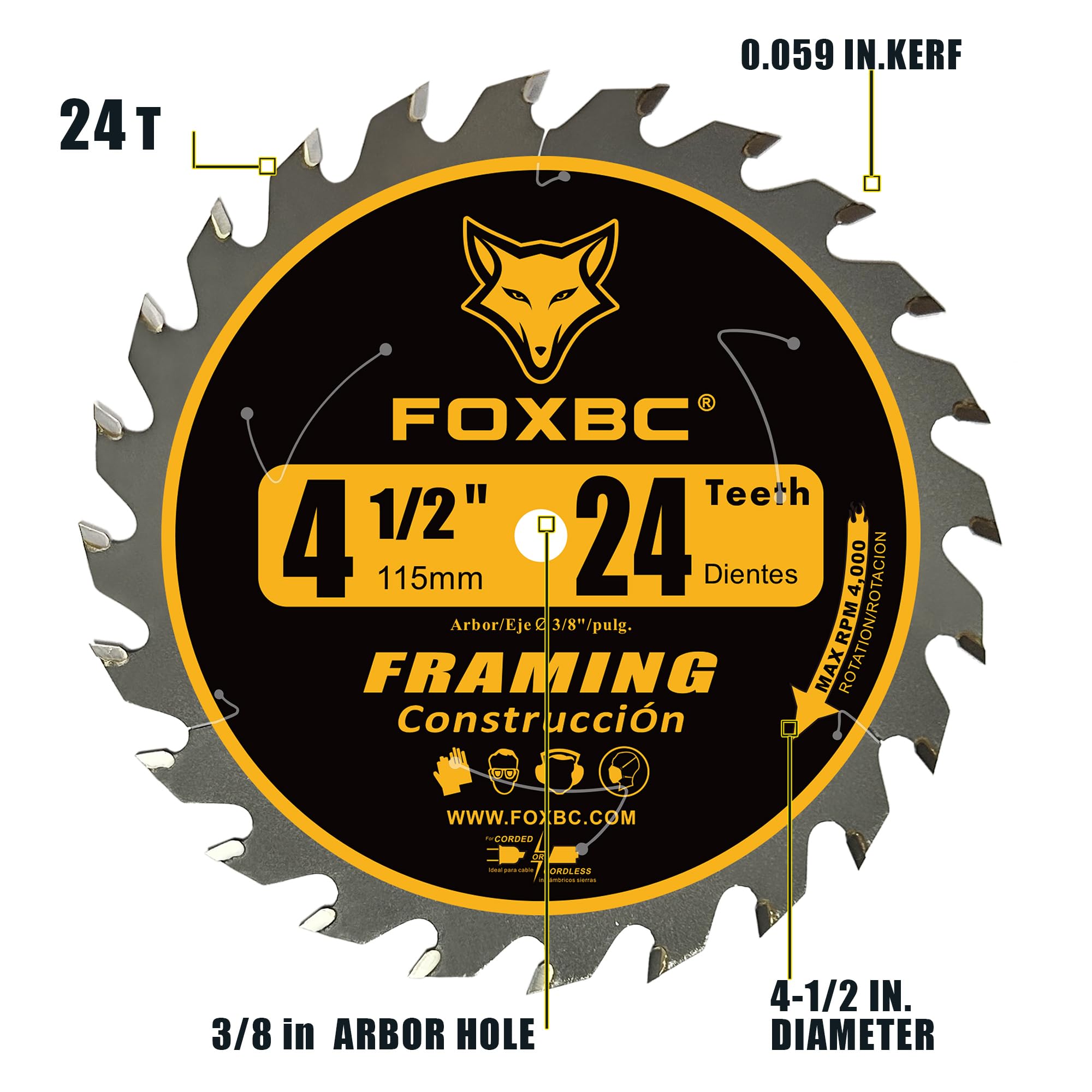 FOXBC 4-1/2 inch carbide blade compatible with 3/8 inch arbor for versatile use.