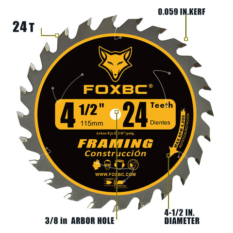 FOXBC 4-1/2 inch carbide blade compatible with 3/8 inch arbor for versatile use.