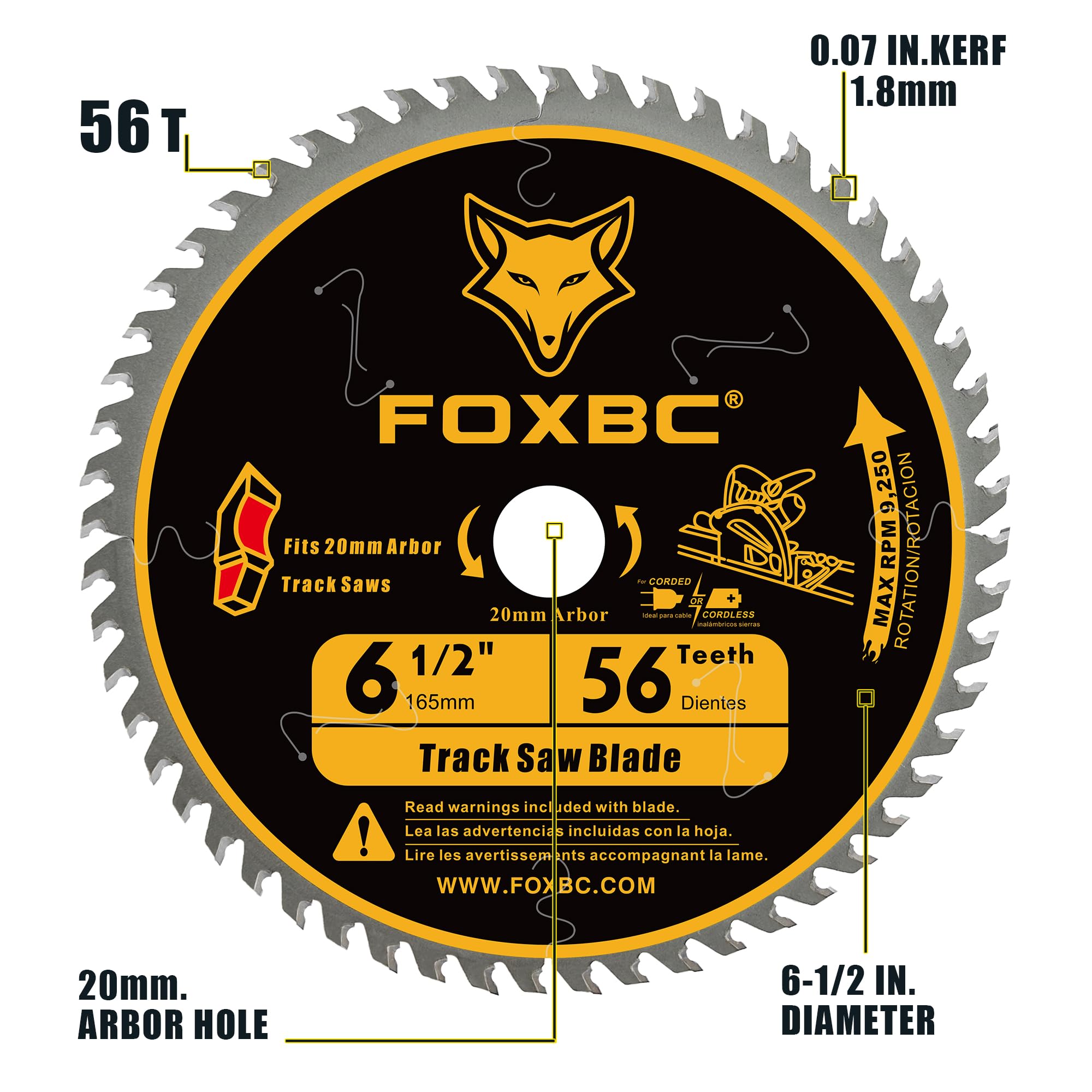 FOXBC 56T wood-cutting blade closeup showing carbide tips for durability.