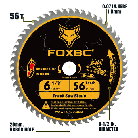 FOXBC 56T wood-cutting blade closeup showing carbide tips for durability.