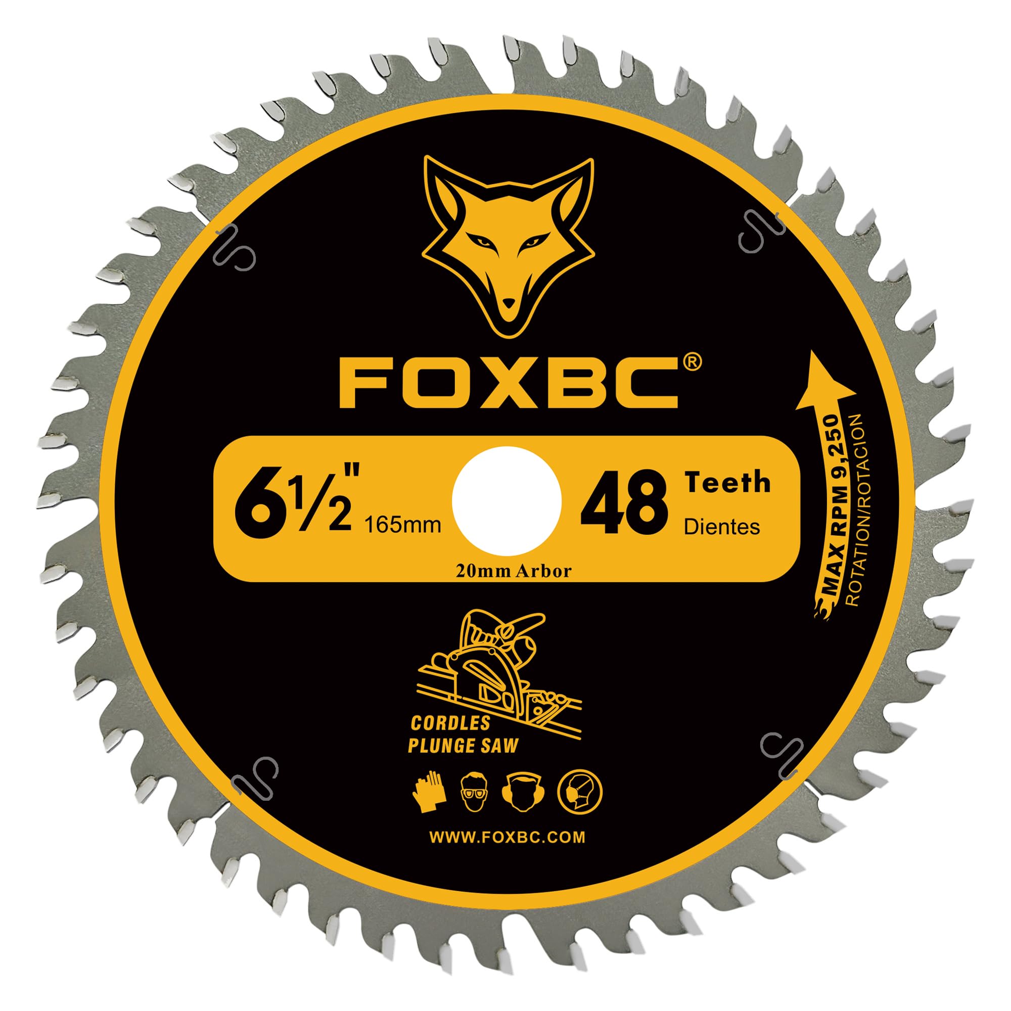 FOXBC 6-1/2 inch track saw blade close-up highlighting carbide tips for durability