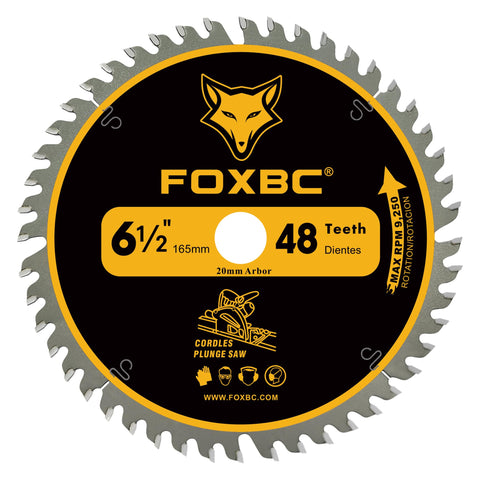 FOXBC 6-1/2 inch track saw blade close-up highlighting carbide tips for durability