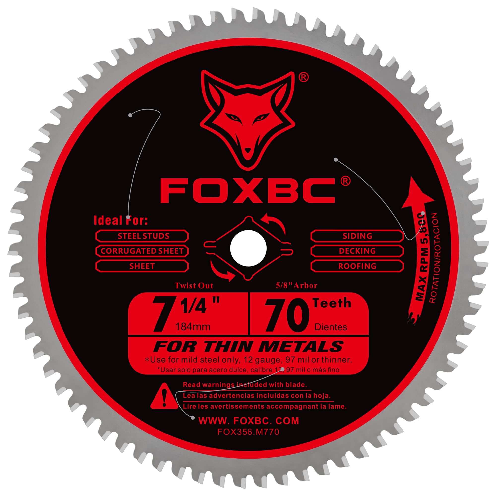 FOXBC 7-1/4 inch blade for metal delivers clean cuts with 70 teeth.