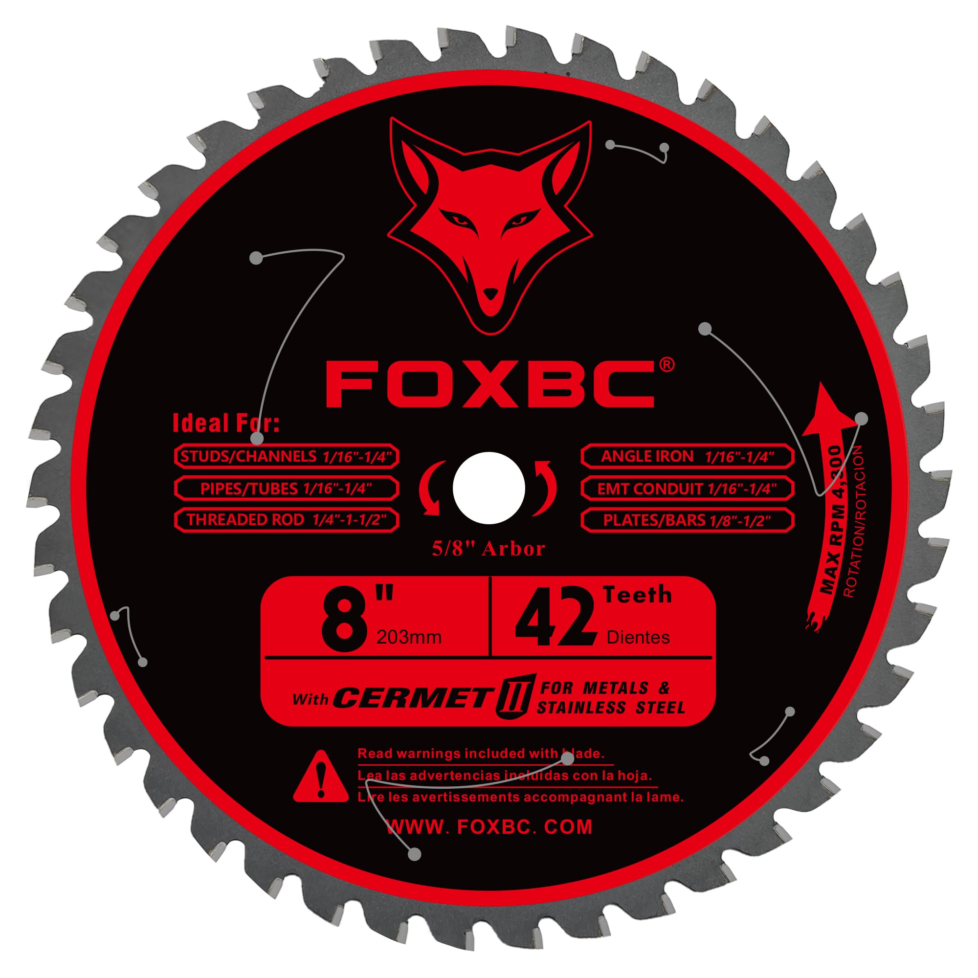 FOXBC 8-inch metal cutting blade close-up showing ceramic carbide teeth for longevity and precision.
