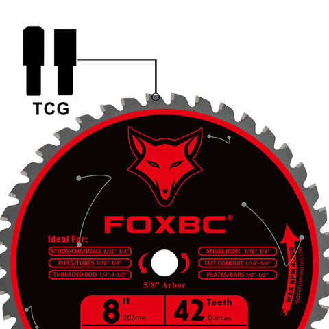 FOXBC 8-inch blade staying cooler during metal cutting thanks to stabilizer vents.