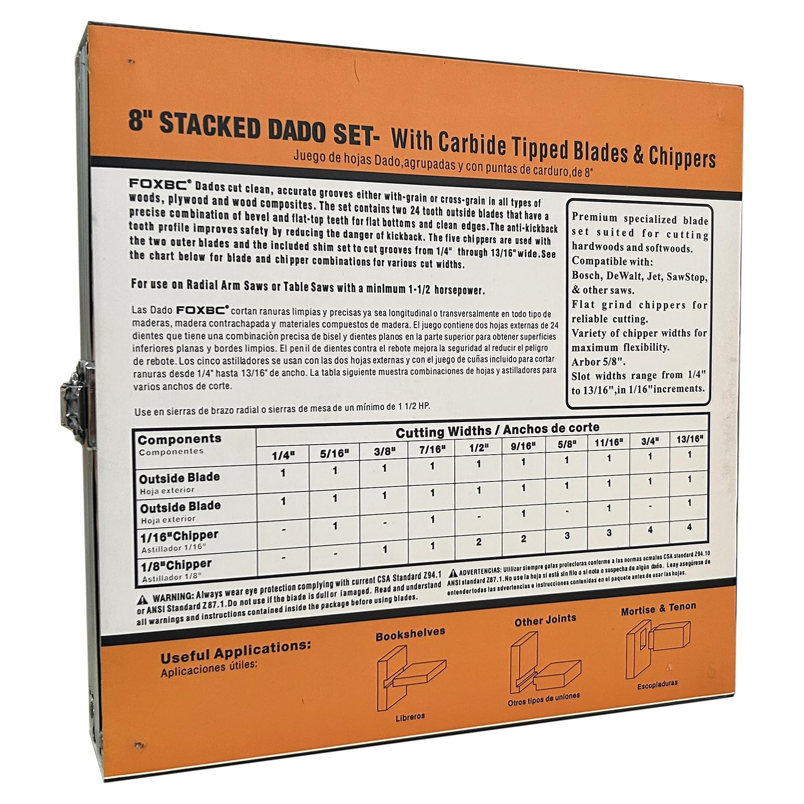 FOXBC 8in dado blade set arbor-5-8-inch compatibility with most 10-inch saws.