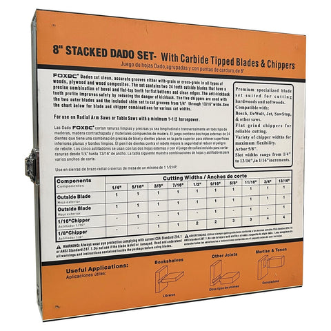 FOXBC 8in dado blade set arbor-5-8-inch compatibility with most 10-inch saws.