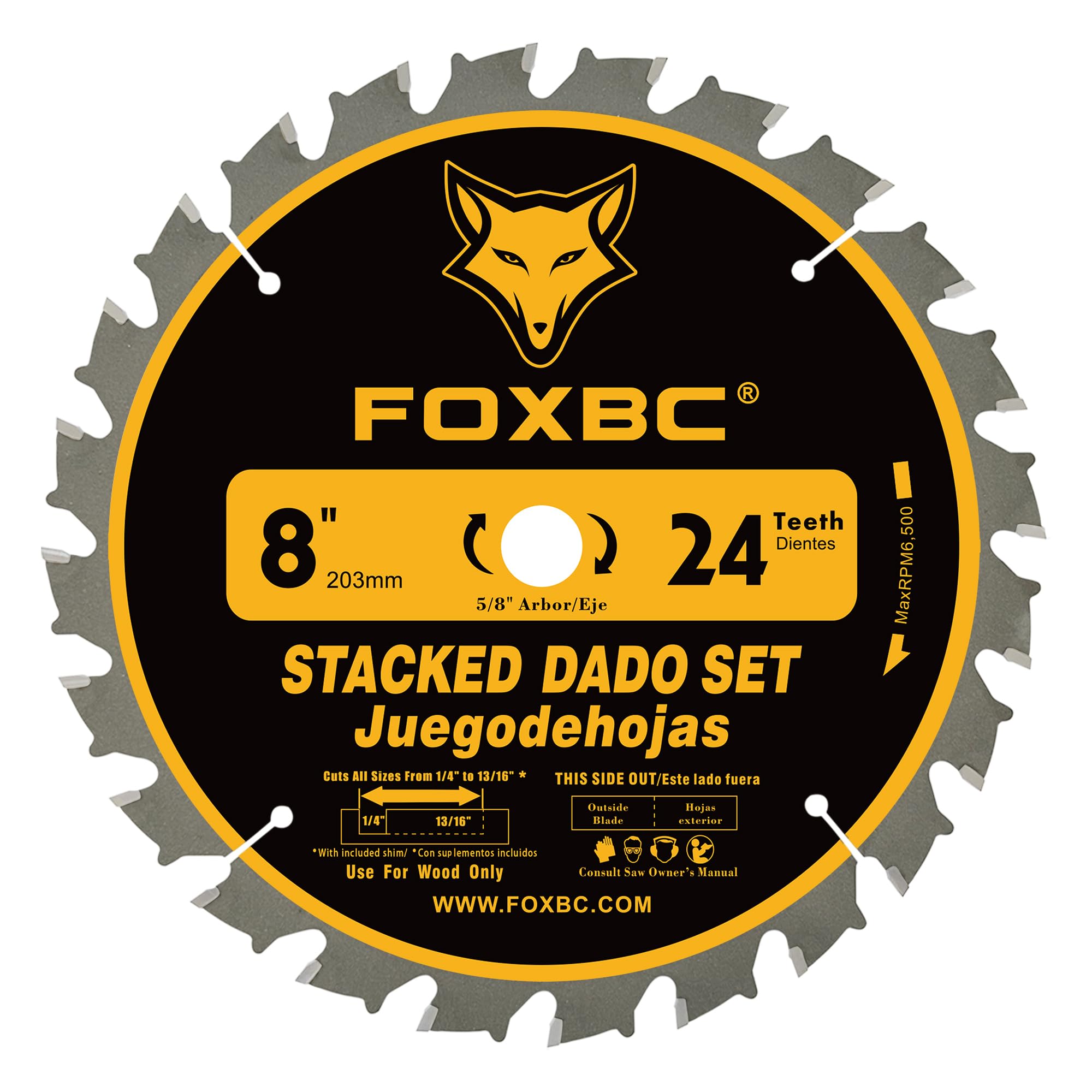 FOXBC 8in dado blade set five-chipper pack enabling width versatility.