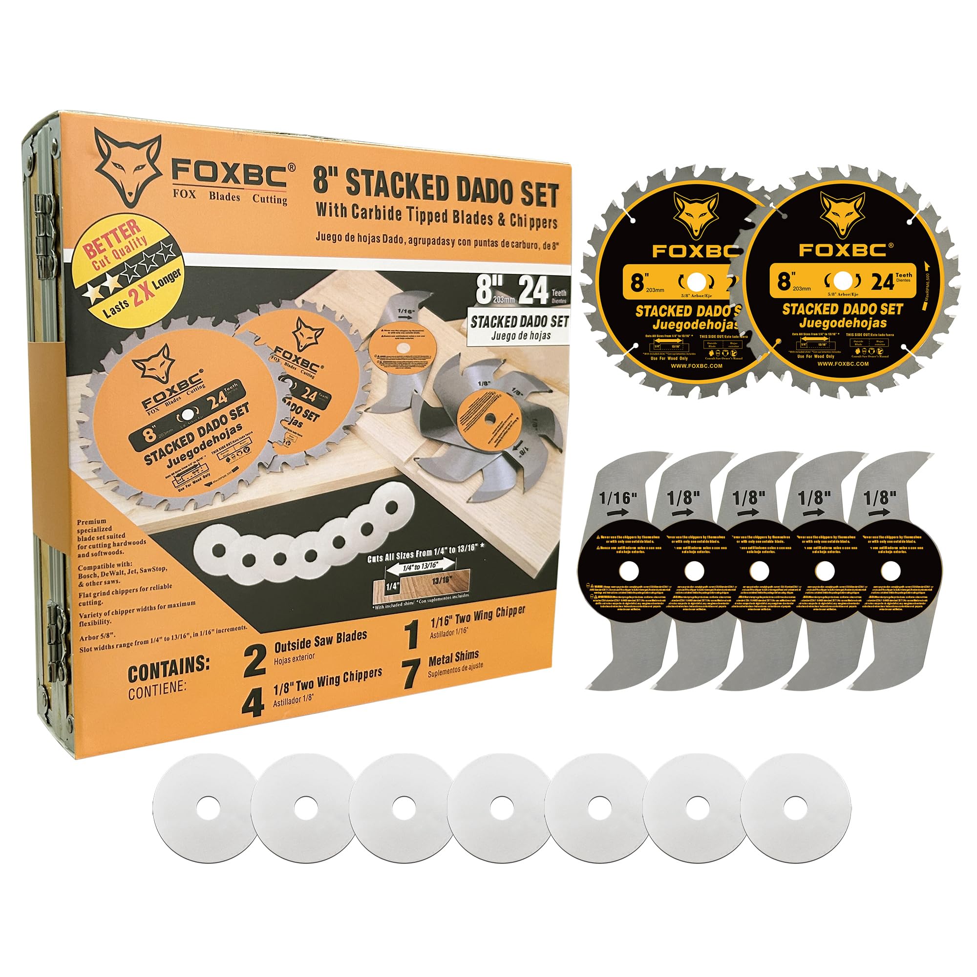 FOXBC 8in dado blade set two-wing chipper for smooth, splinter-free cuts.