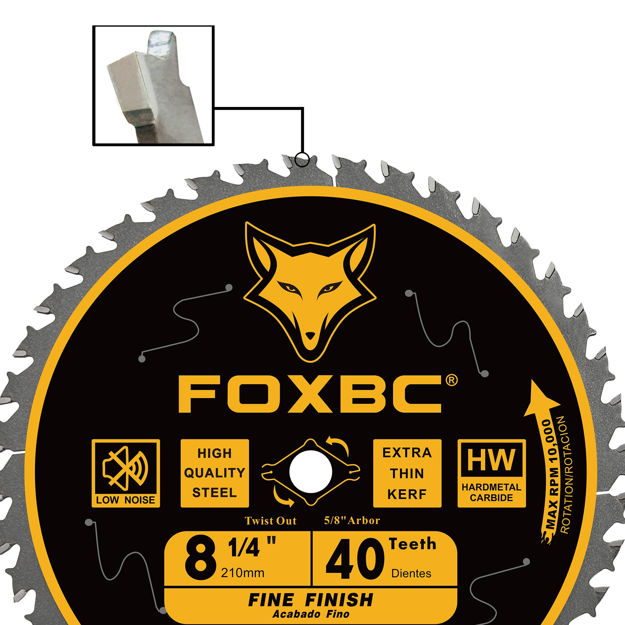 FOXBC blade shown compatible with DeWalt, SKIL, and Bosch saws for versatility.