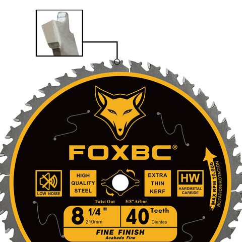 FOXBC blade shown compatible with DeWalt, SKIL, and Bosch saws for versatility.