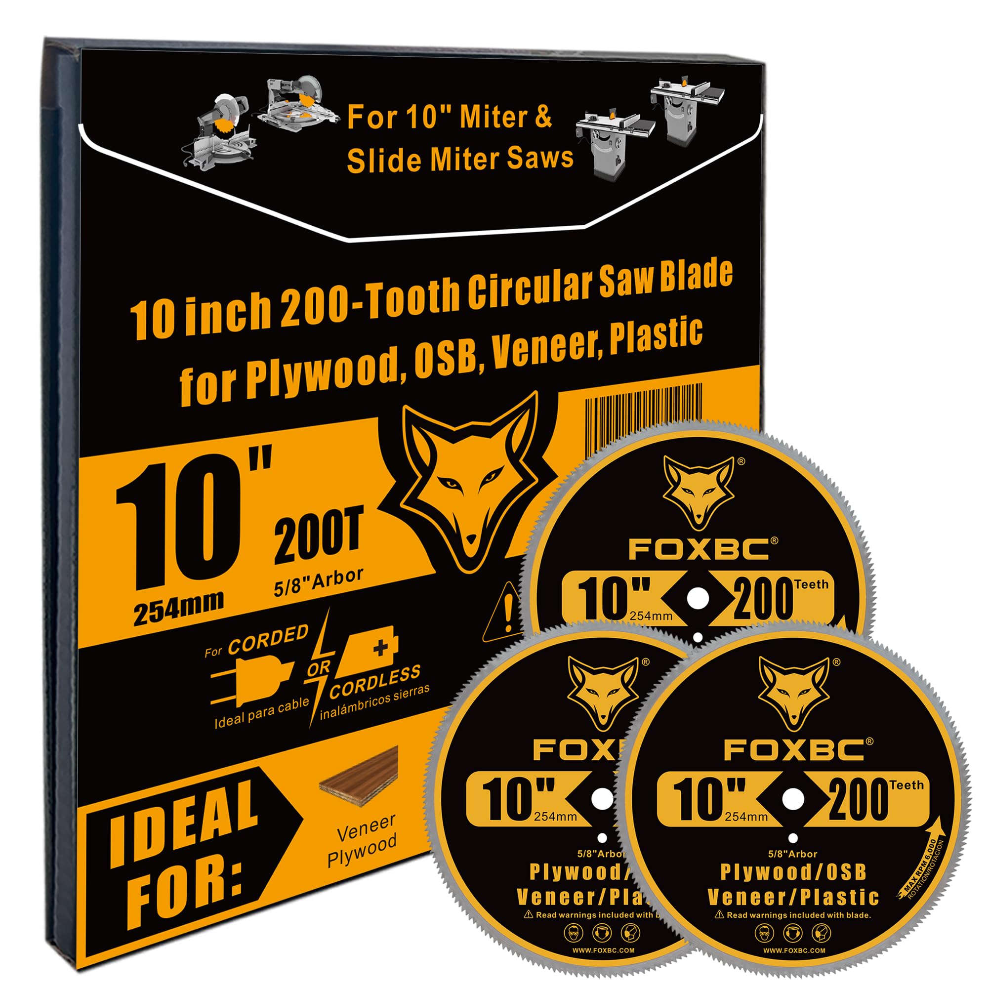 FOXBC three-pack blades laid out for plywood, OSB, vinyl siding projects